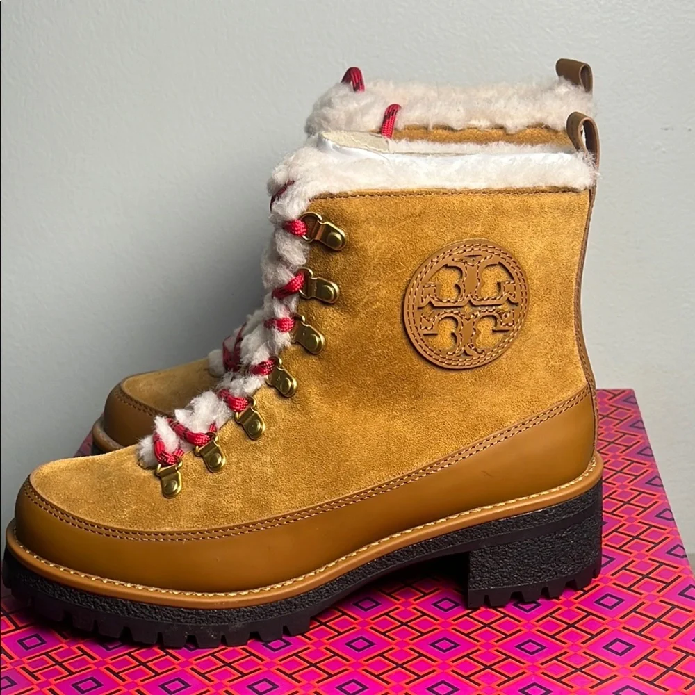 TORY BURCH thea shearling boots size6 color/rhum natural 202 rubberized leather
